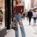 Off The Shoulder Tops for Women Sexy Long Sleeve T Shirts Slim Fitted Tee Going Out Tops Casual 2025 (L)