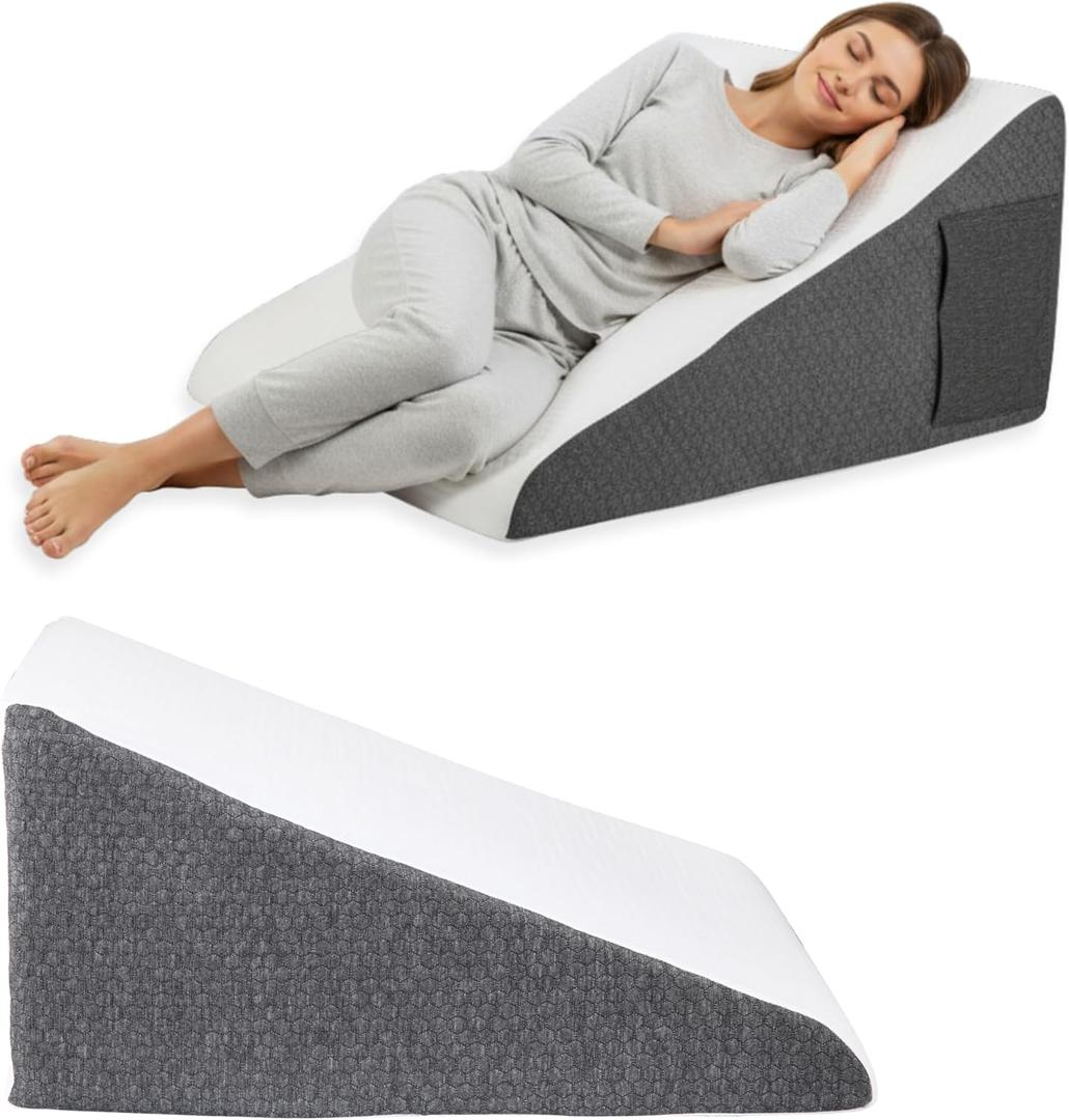 Wedge Pillow for Sleeping  Memory Foam Bed Wedge for Acid Reflux, Snoring, Back & Leg Elevation, Post-Surgery Recovery  Ergonomic Triangle Pillow with Removable White & Grey Washable Cover