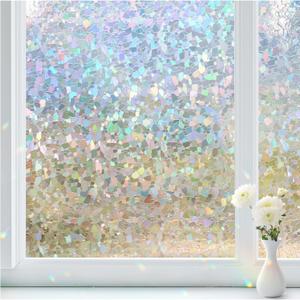 Haton Window Privacy Film Rainbow Film Stained Glass Window Clings, 3D Decorative UV Sun Blocking Sticker, Static Cling Removable Heat Control Tint for Home Door, 17.5" x 78.7" Non-Adhesive (Clear)