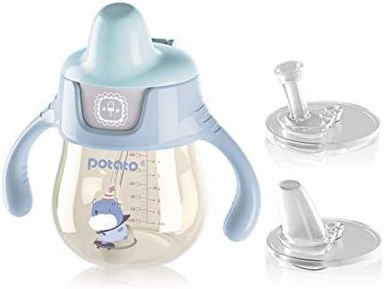 POTATO Sippy Cups For Toddlers with Straw Spill Proof, PPSU Learner Cup with Handle for Boy, Water Bottle for Baby 6 Months with 2 Type of Spout, 6 Ounce Blue