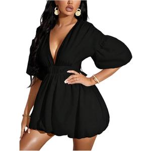 WDIRARA Women's Deep V Neck Puff Sleeve High Rise Flare Dress Elastic Waist Dress, Large