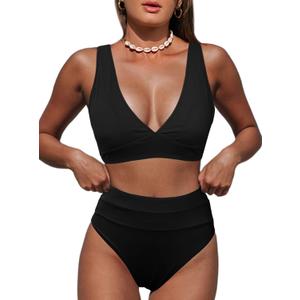 Hilinker Women's Leopard Bikini Swimsuits V Neck High Waisted 2 Piece Bathing Suits (Large, All Black)