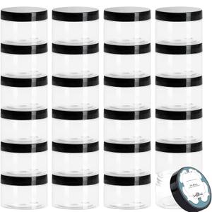 Qeirudu 4 Oz Plastic Jars with Lids 24-Pack, Empty Clear Plastic Containers with Lids and labels, Refillable Round Low Profile Cosmetic Containers For Scrubs, Body Butter, Lotion, BPA Free