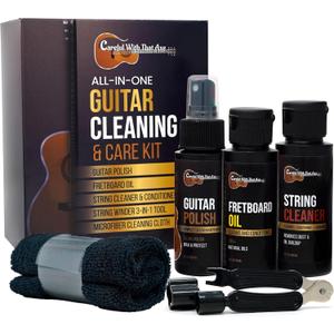 Guitar Cleaner Polish, String Cleaner, Winder and Fretboard Oil Care Kit | MADE IN USA | Guitar Oil and Cleaner for Body, Strings and Fretboard Fingerboard - Cleans, Polishes, and Protects (1 Pack)