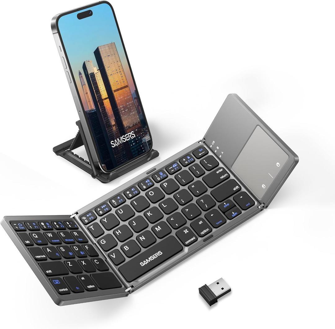 Samsers Foldable Bluetooth Keyboard with Touchpad, Ultra Slim Compact -Grey | Multi-touch Trackpad, Full Size, Phone Holder, USB-C Charging, 3 Device, for Android Windows iOS Mac OS, Mobile Productivity