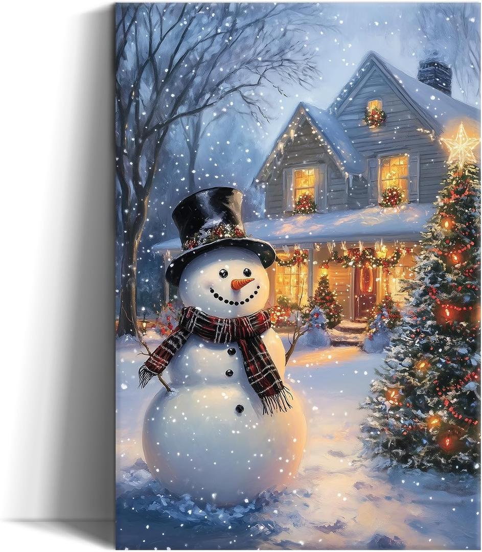 Christmas Wall Art Snowman Painting Xmas Tree Poster Snowy Winter House Scene Canvas Prints Vintage Holiday Poster for Bedroom Living Room Home Office Entryway Framed(12"x18") (A-Cool Grey)