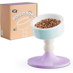 Ceramic Elevated Raised Cat Bowls,3 Heights Adjustable Raised Dog Bowl Stand for Indoor Cats and Small Dogs,15 Tilted Cat Food Feeding DishesAdjusts to 4.69", 5.98", 7.28" (Pink & White)