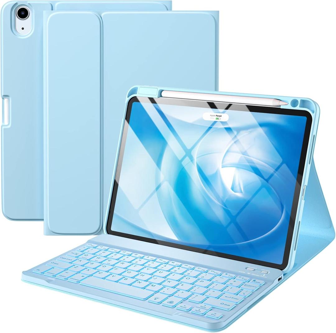 Harvopu Compatible for iPad Air 11-inch/ 10.9" Air 5th 4th Generation Case with Keyboard - Backlit Detachable, Folio Cover with Pencil Holder for iPad Air 11 Inch M3/M2, Air 5/ Air 4 (Sky Blue)