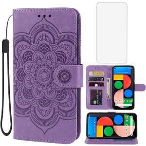 Case for Pixel 4A 5G Case, Pixel 5XL G025I Wallet Case with Tempered Glass Screen Protector, Embossed Mandala Leather Flip Credit Card Holder Stand Phone Cover for Google Pixel 4A 5G Purple