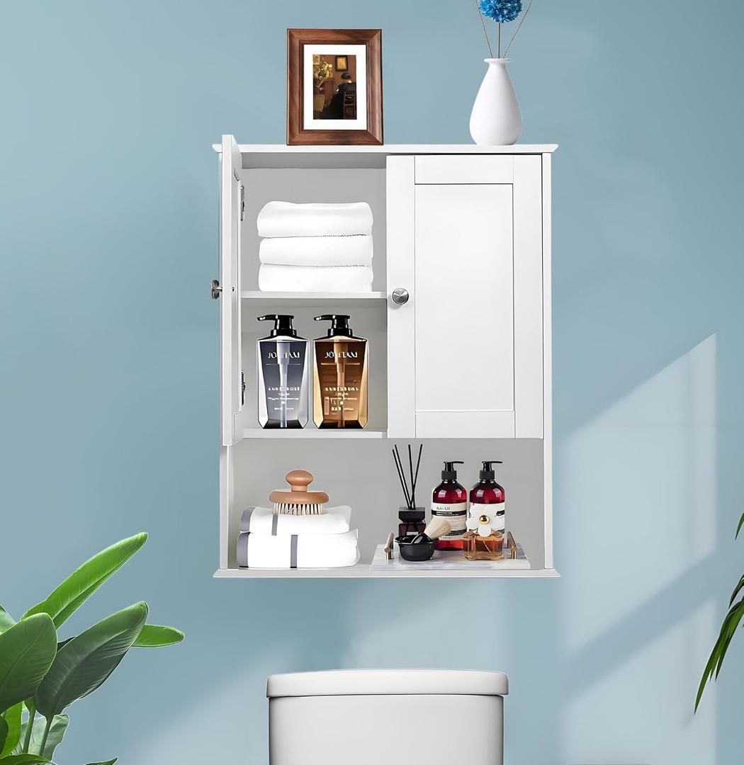 Bathroom Cabinet Wall Mounted Over Toilet Storage Cabinet 20x28 Inch White Wood Wall Space Saver Medicine Cabinets for Bathroom Storage with Adjustable Shelf, 2 Doors, Soft Hinge, 8x20x28 In