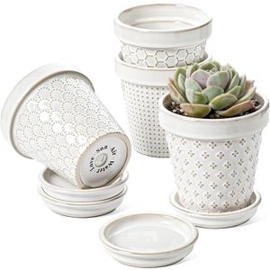 LE TAUCI Ceramic Succulent Pots, 4 Inch Small Plant Pot for Indoor Plant Cactus, Embossed Flower Pots with Drainage Holes & Saucer - Set of 4, Arctic White
