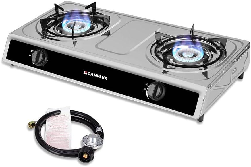 CAMPLUX 2 Burner Propane Camping Gas Stove for Outdoor Cooking, 19,600 BTU Portable Double Burner Propane Cooktop Stainless Steel with Auto Ignition, Estufa de Gas Portatil, for Patio, Camping, BBQ