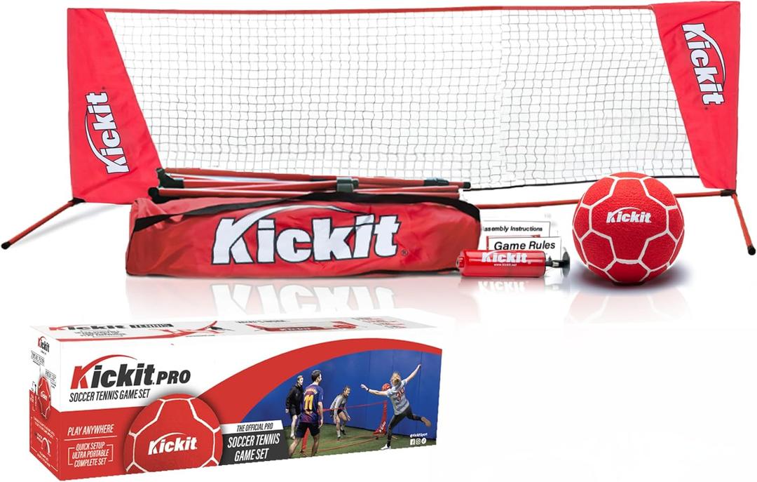 Kickit Soccer Tennis Game Set PRO, Portable 12' Wide x 3' High Net & Soft Lightweight Ball, Play Outdoors, Indoors, Backyard, Beach, Complete Skills Training & Travel Friendly