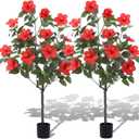 Giegxin 2 Pack 4 ft Artificial Hibiscus Tree Fake with 14 Flowers Hibiscus Tree with Base Silk Faux Flowers Realistic Plant for Front Porch Patio Office Indoor Outdoor Wedding Decor (Red)