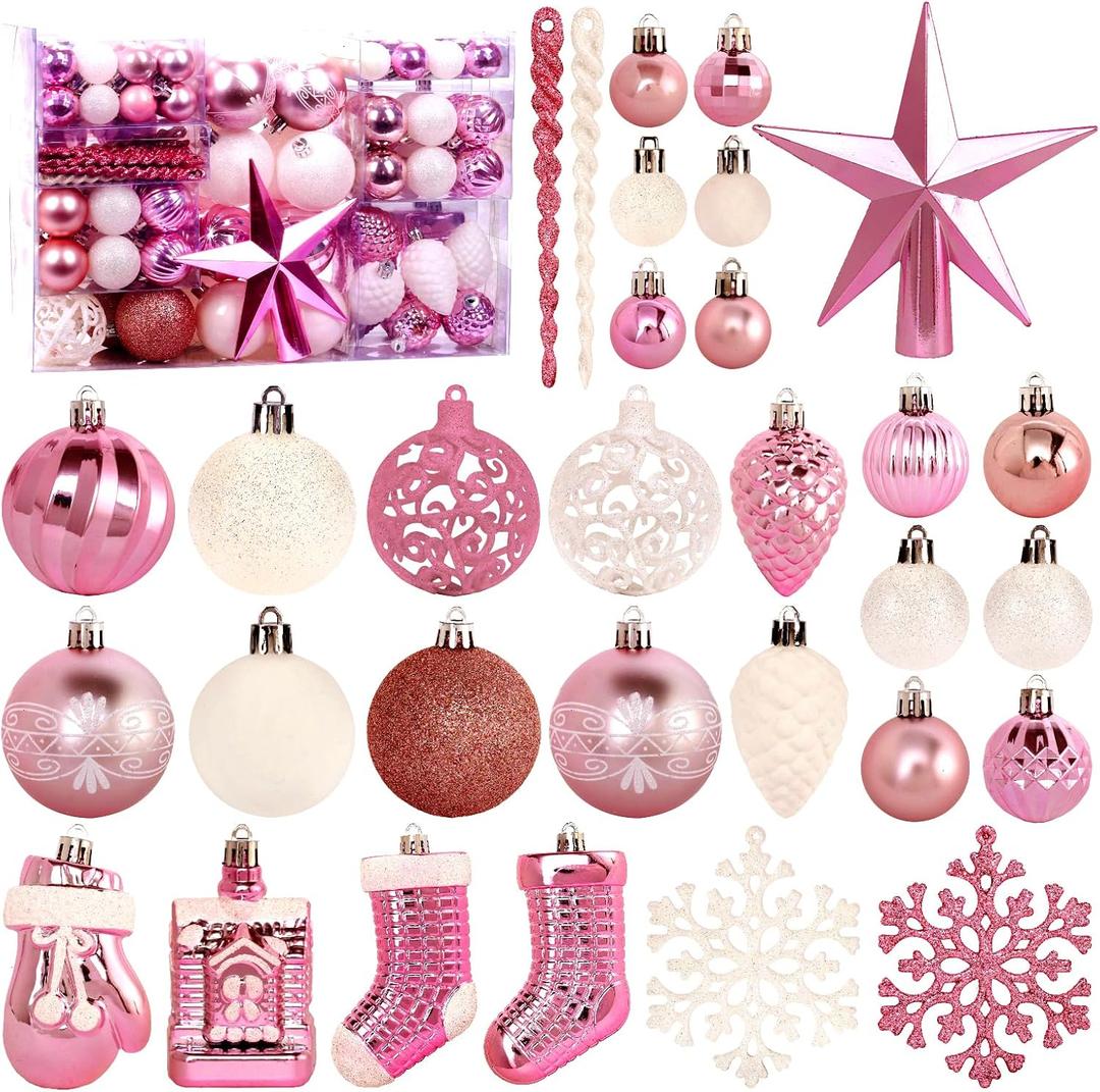 132 Pack Christmas Ornaments Set, Roseleaf Pink Christmas Tree Ornaments Shatterproof Hanging Decorative Balls for Xmas Tree Wreath Garland