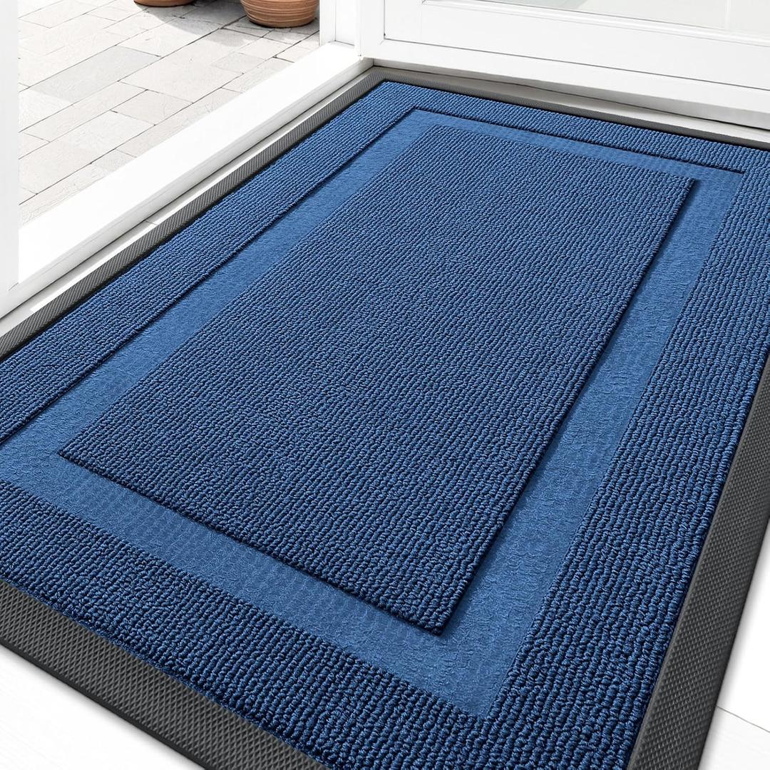 OLANLY Front Door Mat Indoor Outdoor Entrance, Waterproof All-Season, All-Weather Doormat, Sturdy Natural Rubber, Low Profile, Easy Clean Patio Porch Entryway Mat, 35x23, Navy Blue