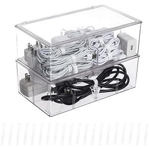 Yesesion Clear Plastic Storage Bins with Lid, Large Cable Organizer Box with Lid and 20 Wire Ties, Adjustable Electronic Cord Management Case for Desk Drawer, Home Office, Art Crafts Supply (2 PACK)