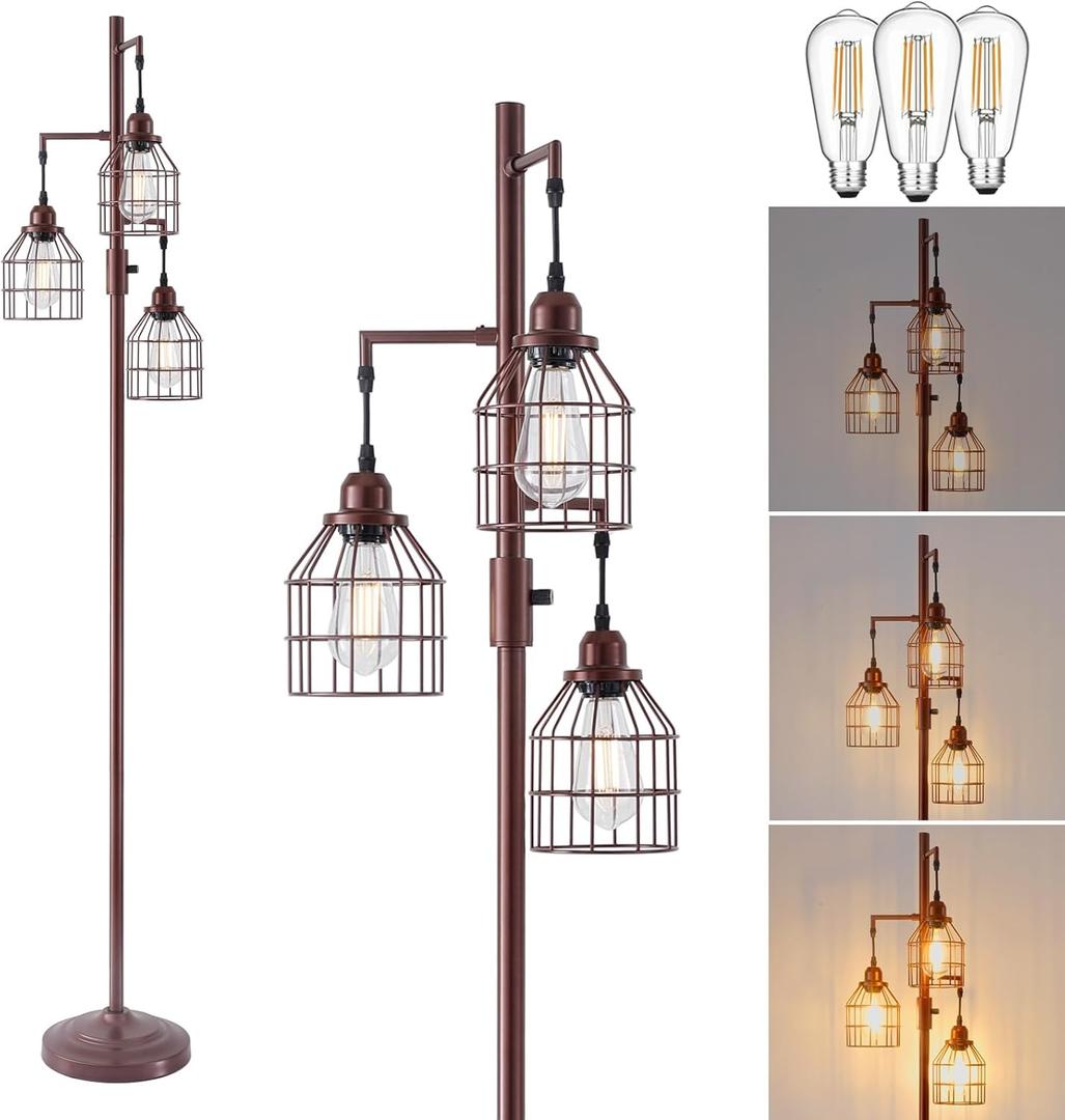9MMML Floor Lamp for Living Room, Farmhouse Industrial Dimmable Floor lamp, 3 Lights Metal Cage Tree Standing Lamp,68", 3Pcs LED Bulbs Included (Oil Rubbed Bronze B)