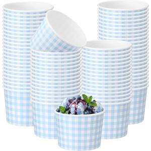 Nuanchu 100 Pack 9 oz Gingham Treat Snack Cups Light Blue and White Checkered Disposable Paper Cups for Dessert Ice Cream Bowls for Snacks Soup Hot Cold Food Wedding Birthday Baby Shower Decorations