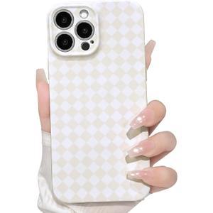 NITITOP Compatible with iPhone 15 Pro Max Case Cute Argyle Lattice Checkered Plaid for Women Girl Men Boy Glossy Back Shockproof Protective Phone Cover - Apricot