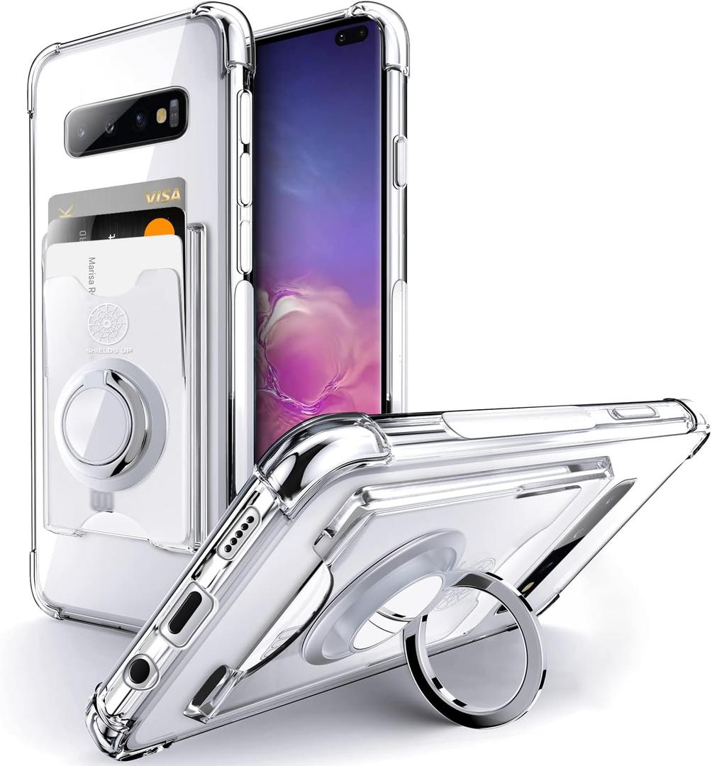 Shields Up for Samsung Galaxy S10 Case, Galaxy S10 Case, Minimalist Wallet Case with Card Holder [3 Cards] & Ring Kickstand/Stand, [Drop Protection] Slim Protective Cover for Samsung S10 - Clear