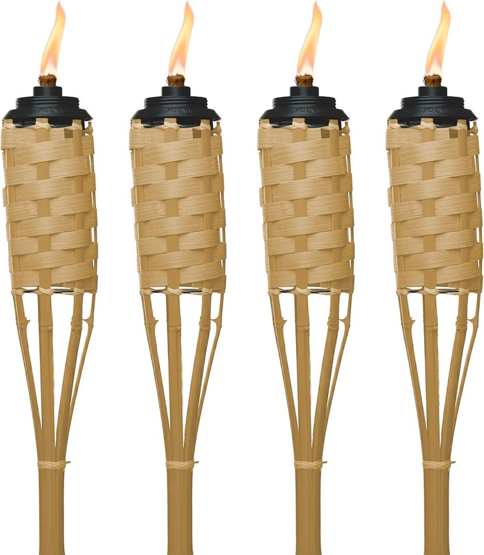 TIKI Bamboo Tiki Torches 4-Pack Weather-Resistant Outdoor Dcor with Easy-Pour Wide-Mouth Canister Refill for Patio, Garden, Backyard, and Parties, 57-Inch Citronella Torches