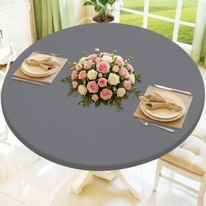 Moosfor Round Spandex Tablecloth, Elastic Fitted Waterproof Tablecloths for 45"-56" Tables, Stretch Washable Picnic Table Cover for Camping, Dining, Indoor and Outdoor, Grey