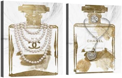 2 pieces Vintage Perfume Bottle Canvas Wall Art Modern Luxury Posters Print Fashion Glam Poster Picture for Bedroom Make up Room Home Decor 16"x24"