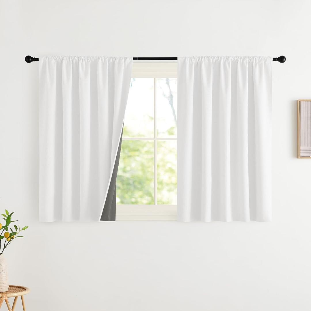 NICETOWN Greyish White Faux Linen 100% Blackout Curtains for Bedroom 42 x 36 Inch 2 Panels Thermal Insulated & Light Blocking Drapes, Modern Farmhouse Window Treatment for Kids Room
