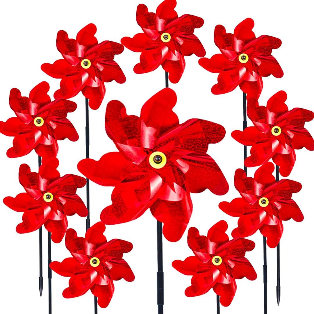 10PCS Red Pinwheels Outdoor Wind Spinners Garden Pinwheel Reflective Pin Wheel Windmills Sparkly Scare Birds Animal Away Spinner Christmas Yards Garden Decor