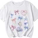 Girl's Bow Graphic Tees Crew Neck Short Sleeve Summer T Shirts Preppy Cute Clothes for Girls