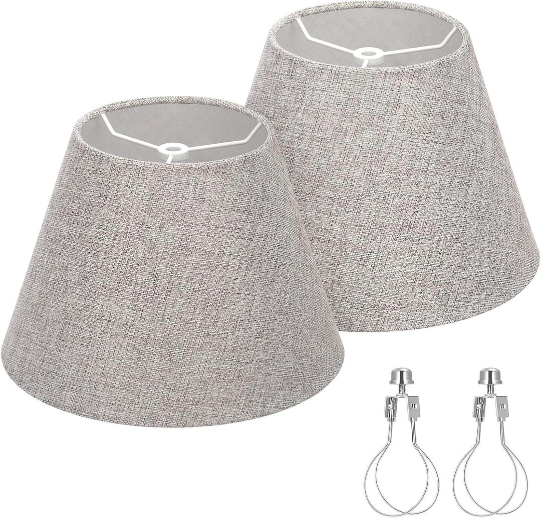 Lamp Shades for Table Lamps, Gray Lamp Shades Set of 2, 5.5" Top x 10" Bottom x 6.6" High, Natural Linen Lamp Shades for Floor Lamps Bedside Lamps, Spider, Bulb Clip Adapters Included