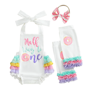 Baby Girl Half Birthday Outfit Half Way to One Donut Ruffle Romper Headband Leg Warmers 6 Month Birthday Set 3-6 M