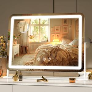 Hasipu Vanity Mirror with Lights, 16" x 12" LED Makeup Mirror, Light up Mirror with 10X Magnification, Smart Touch 3 Colors Dimmable, 360 Rotation (White)