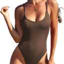 Zando One Piece Swimsuit Women Sexy Ribbed Swim Suits for Women 2025 Bathing Suit Open Back Swimsuits Slimming Women Swimwear (Small, Brown)