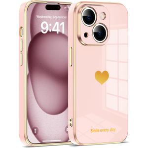 ZiZioen Compatible with iPhone 15 Case for Women Girls, Luxury Fashion Plating Edge & Cute Love Heart Soft TPU Shockproof Protection Phone Case for iPhone 15 6.1 Inches, Pink