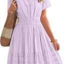 BTFBM Womens Spring 2026 Casual Mini Dresses Lightweight Short Sleeve V Neck Elastic Waist Cute Boho Beach Dress Pockets (S, Light Pink Purple)