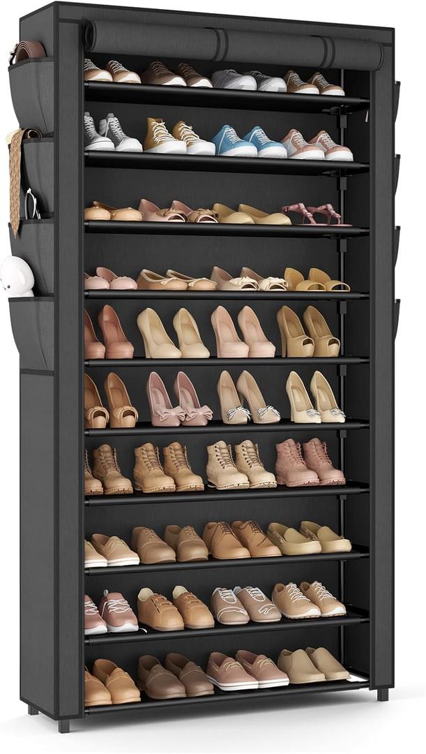 VTRIN Tall Shoe Rack with Cover, 10 Tier Shoe Organizer Storage for 50-55 Pairs Shoes and Boots Large Capacity Shoe Shelf with 8 Pockets Free Standing Shoe Rack for Closet, Entryway, Garage (Black)