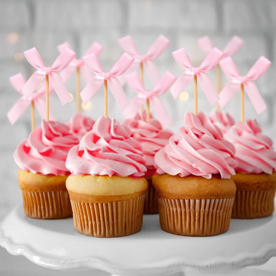2 x 20PCS Pink Bow Party Decorations - Cute Bow Cupcake Toppers for Girls Birthday, Princess Theme Party Supplies, Baby Shower Decor, Festive Celebration Cake Toppers