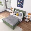 Max & Lily Upholstered Full Bed Frame with Rectangular Headboard, Upholstered Platform Bed for Kids, No Box Spring Needed, Easy Assembly, Green, Full Bed without Storage Drawers