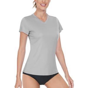 Boladeci Women's Swim Shirts - UPF 50+ Sun Protection Short Sleeve V Neck T-Shirts Workout Tops (Gray, S)