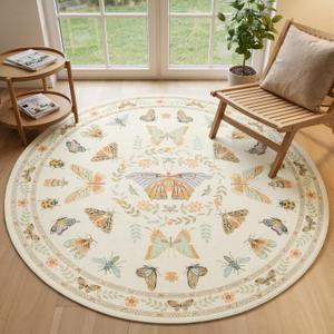 Unirea 4FT Bug Round Beige Insect Circle Rug, Washable Non Slip Area Rug for Entryway, Kitchen, Bedroom, Bathroom, Nursery, Living Room, Thin Soft Circular Rugs Indoor Dcor, Low Pile Carpet, 4'x4'