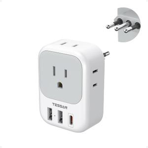 Italy Travel Plug Adapter PD 20W, TESSAN Type L Adapter for Travel with 4 Outlets 3 USB Ports (1 USB-C), Power Adaptor for US to Italy Chile Rome Uruguay Milan Libya