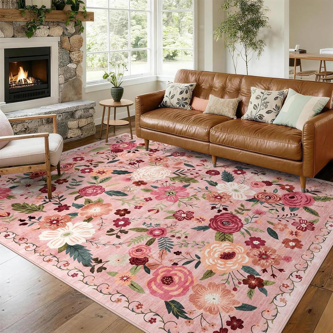 8x10 Washable Area Rug for Living Room, Floral NonSlip NonShedding & Easy Care, Large Soft Low Pile Indoor Floor Carpet for Living Room, Bedroom, Farmhouse, Dining Room, Kids Playroom, Pink