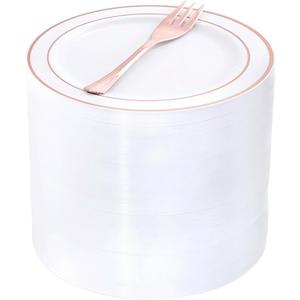 WELLIFE 240 Pieces Rose Gold Plastic Dessert Plates with Disposable Forks, Includes 120 Pcs Appetizers Plates 6.3 inch, 120 Pcs Rose Gold Forks, Perfect for Party and Weddings