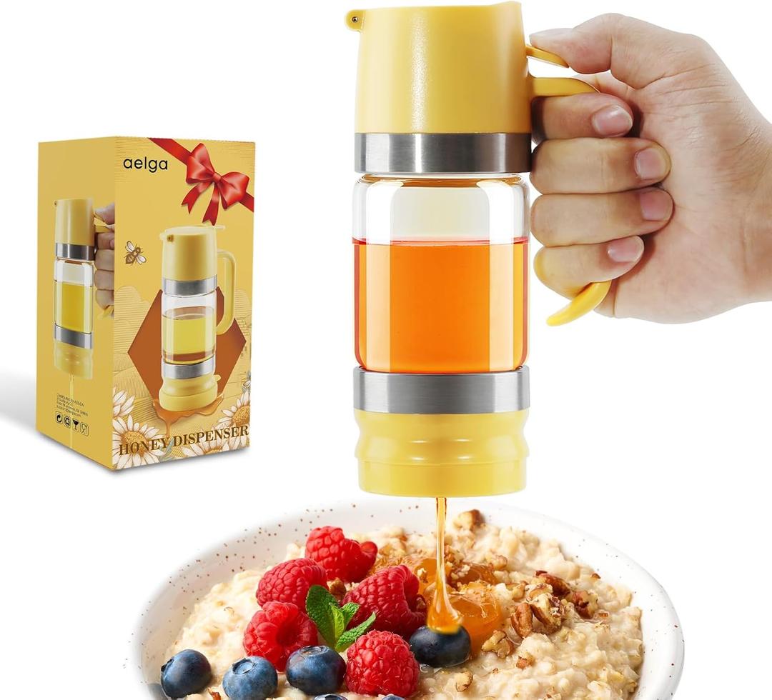 Aelga Glass Honey Dispenser No Drip - 9 OZ Honey Pot Honey Jar with Handle - Maple Syrup Dispenser (Yellow)