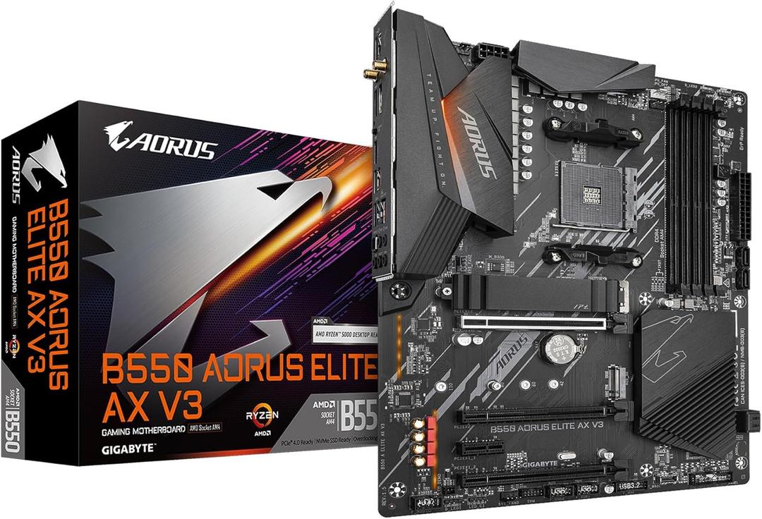 GIGABYTE B550 AORUS Elite AX V3 Motherboard, Supports AMD AM4 Ryzen 5000 Processors, ATX, DDR4, Dual M.2, SATA 6Gb/s, 2.4/5 GHz Dual-Band, 2.5 GbE LAN, PCIe 4.0