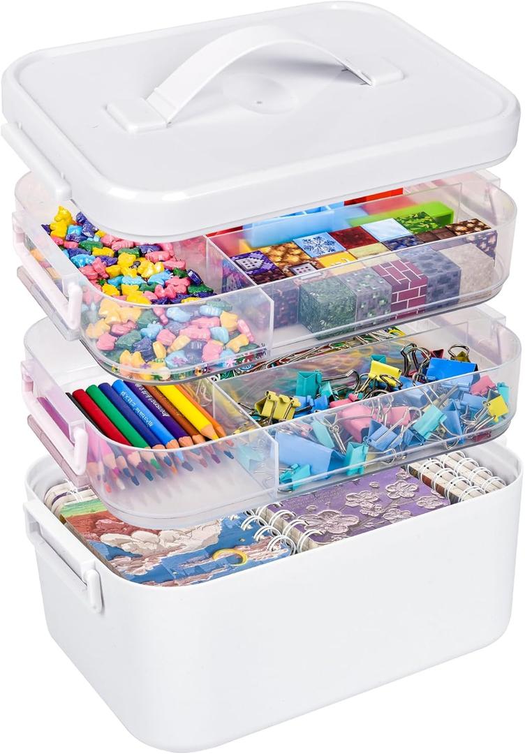13.3 QT Art Supply Organizer Box with Handle, White 3-Tier Stackable Craft Storage Container with Removable Trays for Markers, Paints, Beads and Sewing Accessories 11.1''x7.7''x9.1''