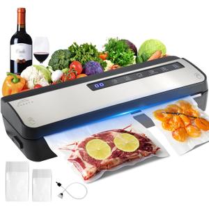 Vacuum Sealer Machine for Food, 80KPA Powerful 8-in-1 Automatic Vacuum Food Sealer with Dry & Moist Modes, Bag Storage, Cutter, Digital Countdown, 20 Pre-Cut Bags & External Air Suction Hose (Silver)