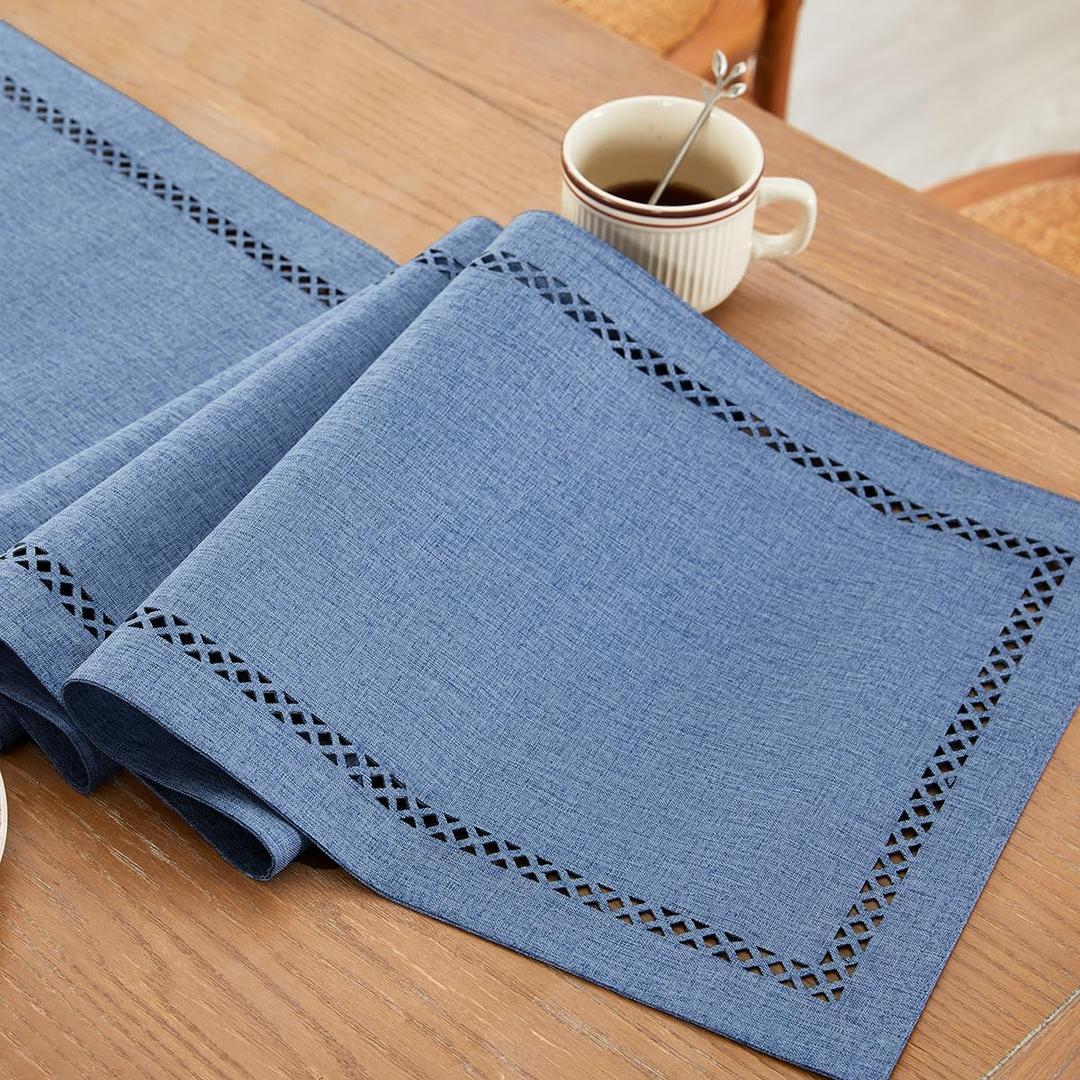Burlap Style Farmhouse Table Runner, 13 x 72 Inch Blue, Rustic Geometric Hollow Table Runners 72 Inches Long for Dresser Table Everyday Use, 13x72 Inches, Blue